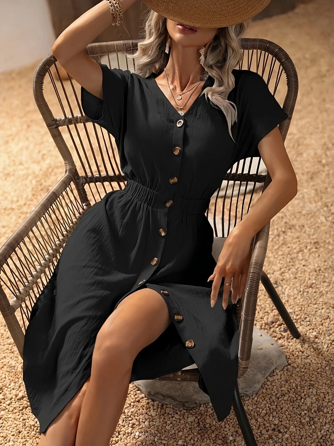 Vestido Evasê Vintage com Botões para Eventos Casuais Lenogue