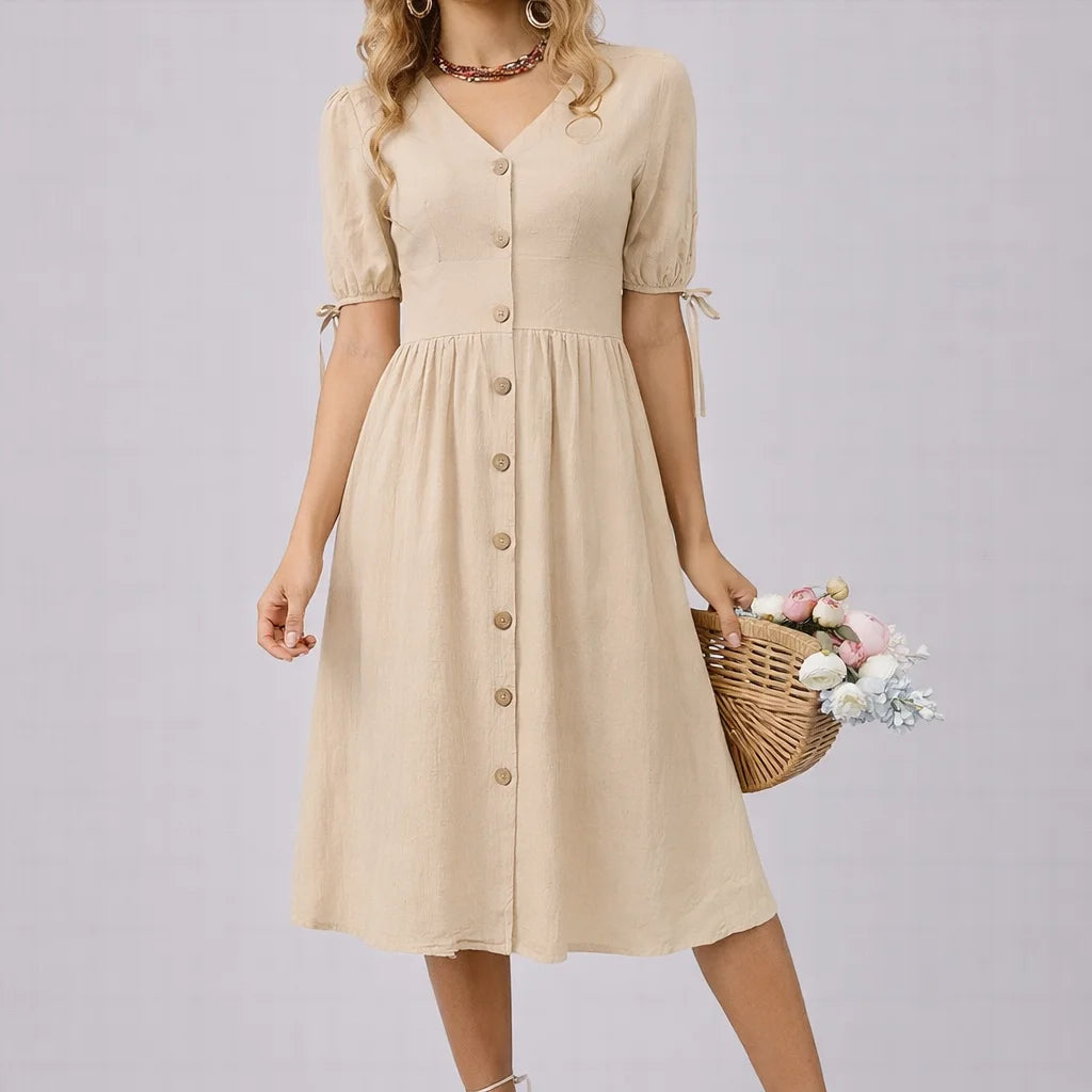 Vestido Evasê Vintage com Botões para Eventos Casuais Lenogue Bege / p