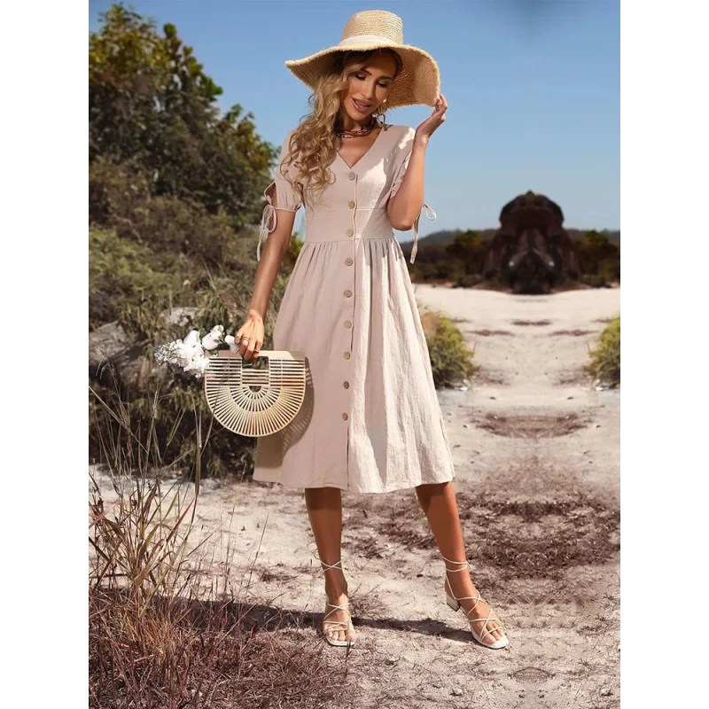 Vestido Evasê Vintage com Botões para Eventos Casuais Lenogue Bege / p