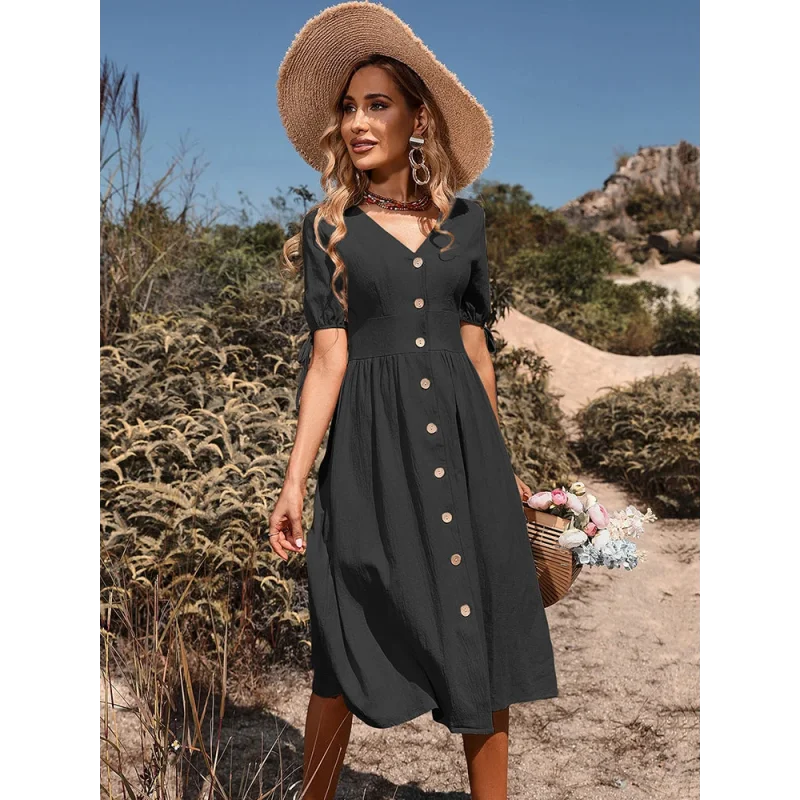 Vestido Evasê Vintage com Botões para Eventos Casuais Lenogue Preto / p