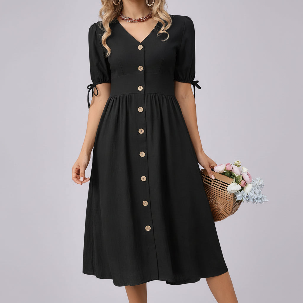 Vestido Evasê Vintage com Botões para Eventos Casuais Lenogue Preto / p