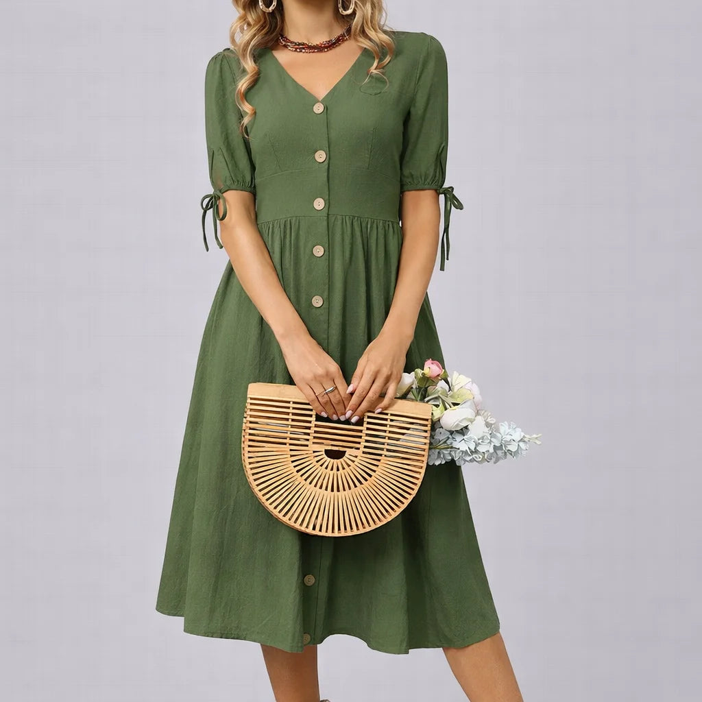 Vestido Evasê Vintage com Botões para Eventos Casuais Lenogue Verde / p