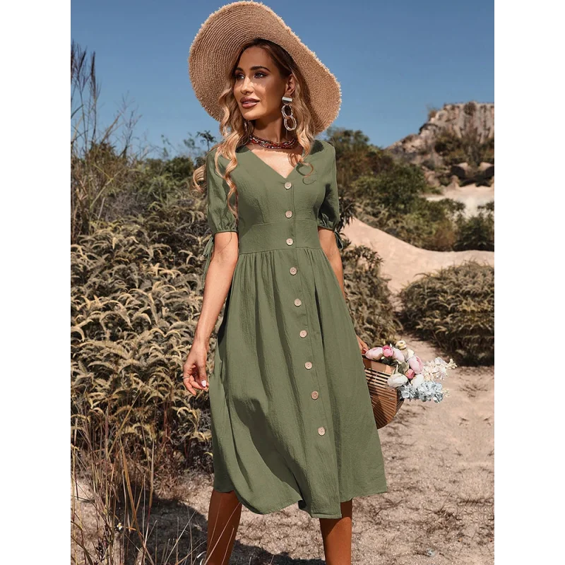 Vestido Evasê Vintage com Botões para Eventos Casuais Lenogue Verde / p