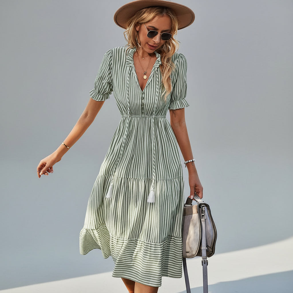 Vestido Listrado com Babados e Manga Bufante para Festas Lenogue Verde / p