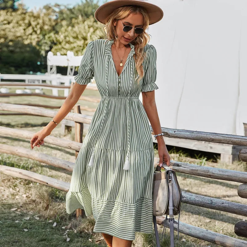 Vestido Listrado com Babados e Manga Bufante para Festas Lenogue Verde / p