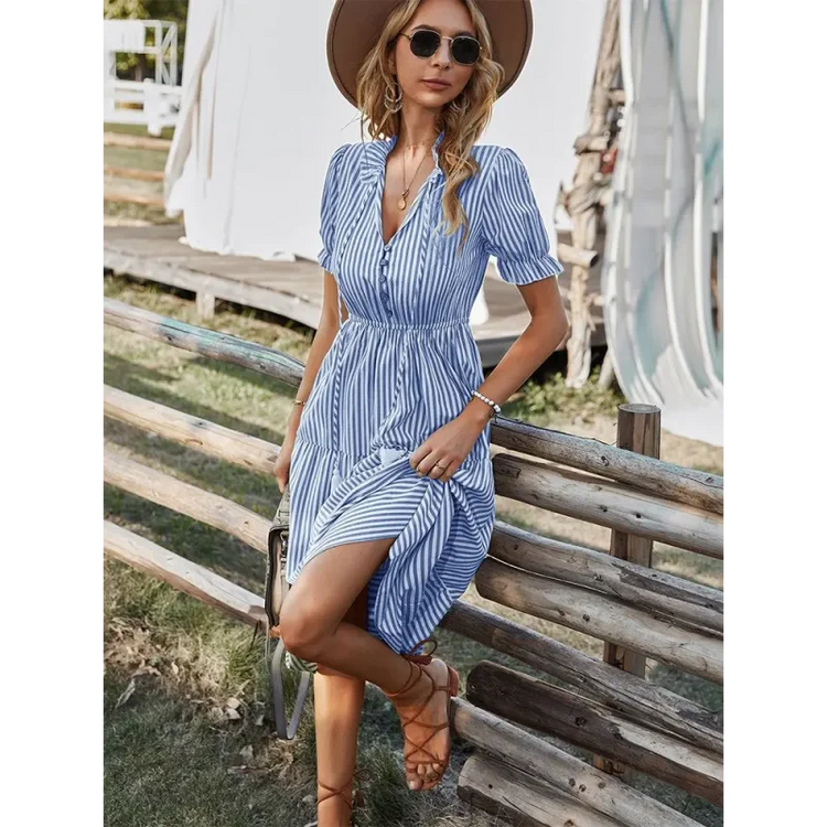 Vestido Listrado com Babados e Manga Bufante para Festas Lenogue