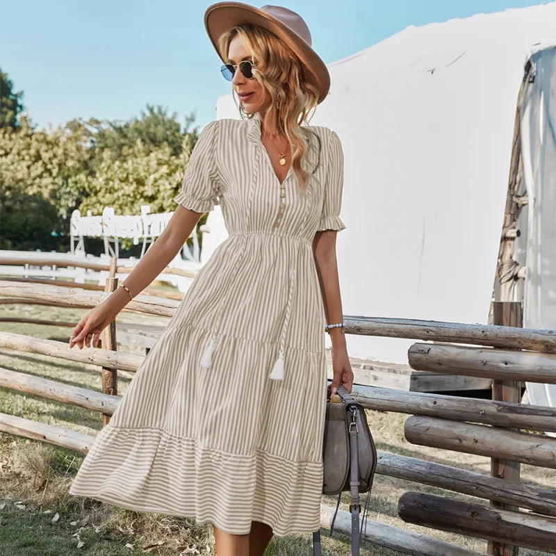 Vestido Listrado com Babados e Manga Bufante para Festas Lenogue Caqui / p