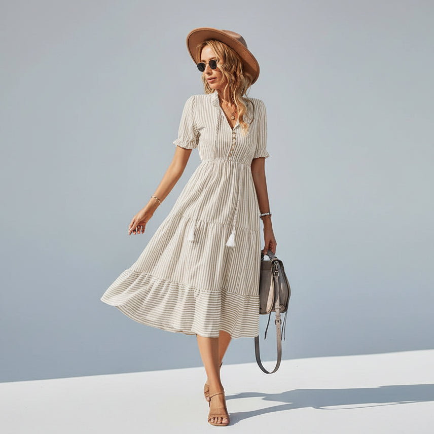 Vestido Listrado com Babados e Manga Bufante para Festas Lenogue Caqui / p