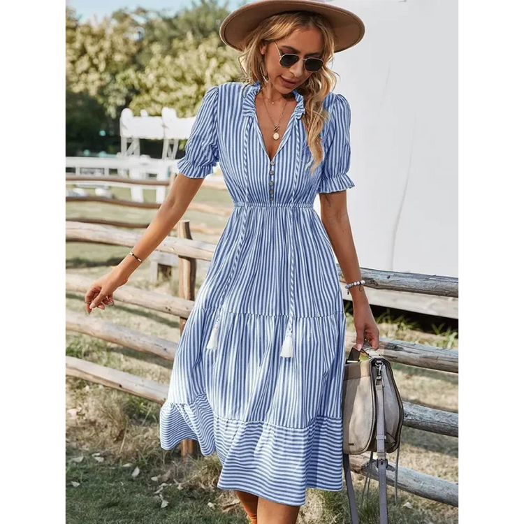 Vestido Listrado com Babados e Manga Bufante para Festas Lenogue