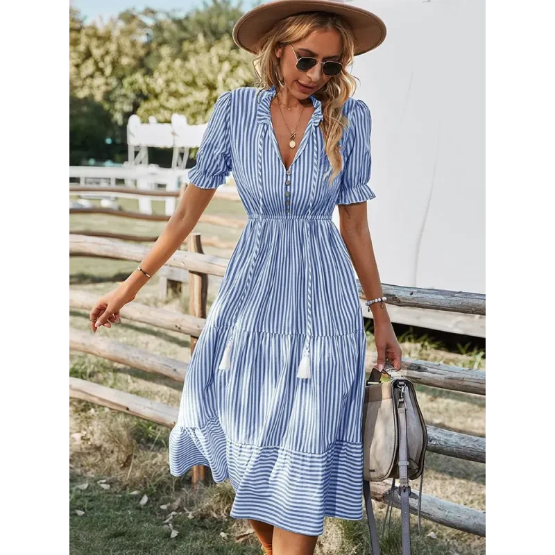 Vestido Listrado com Babados e Manga Bufante para Festas Lenogue