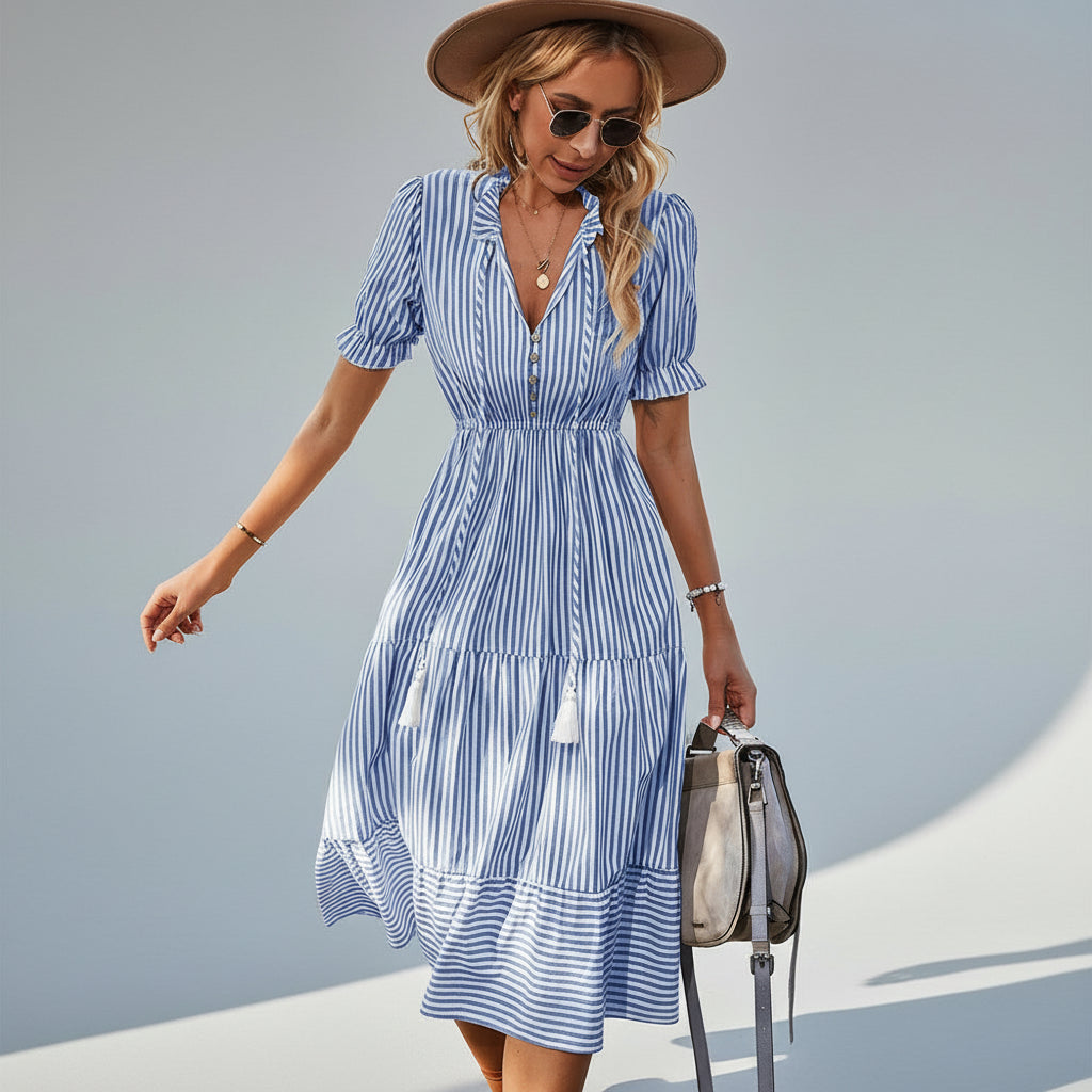 Vestido Listrado com Babados e Manga Bufante para Festas Lenogue Azul / p