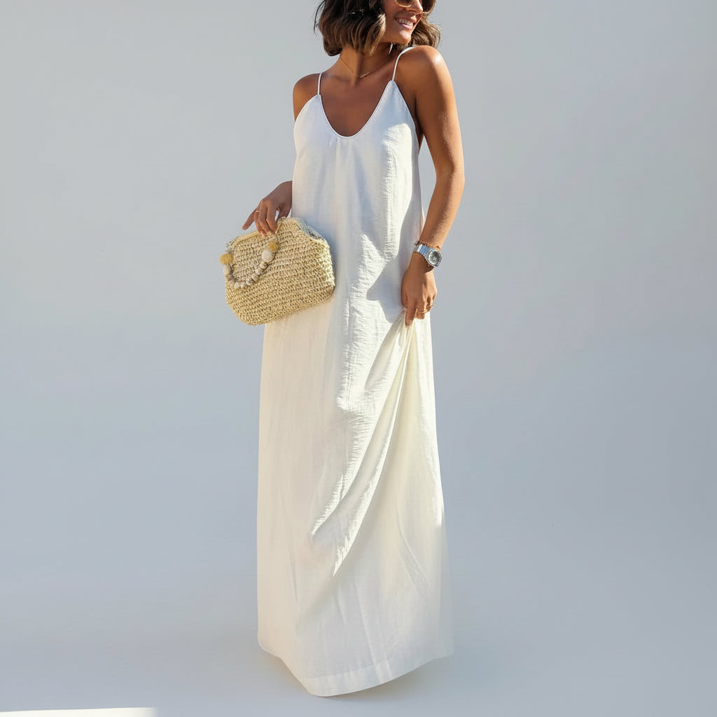 Vestido Longo Alças Finas Decote v Profundo Lenogue Branco / p