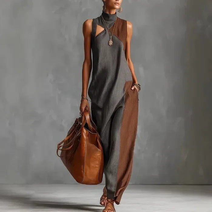 Vestido Longo Boho Color Block Gola Alta Decote Chic Lenogue