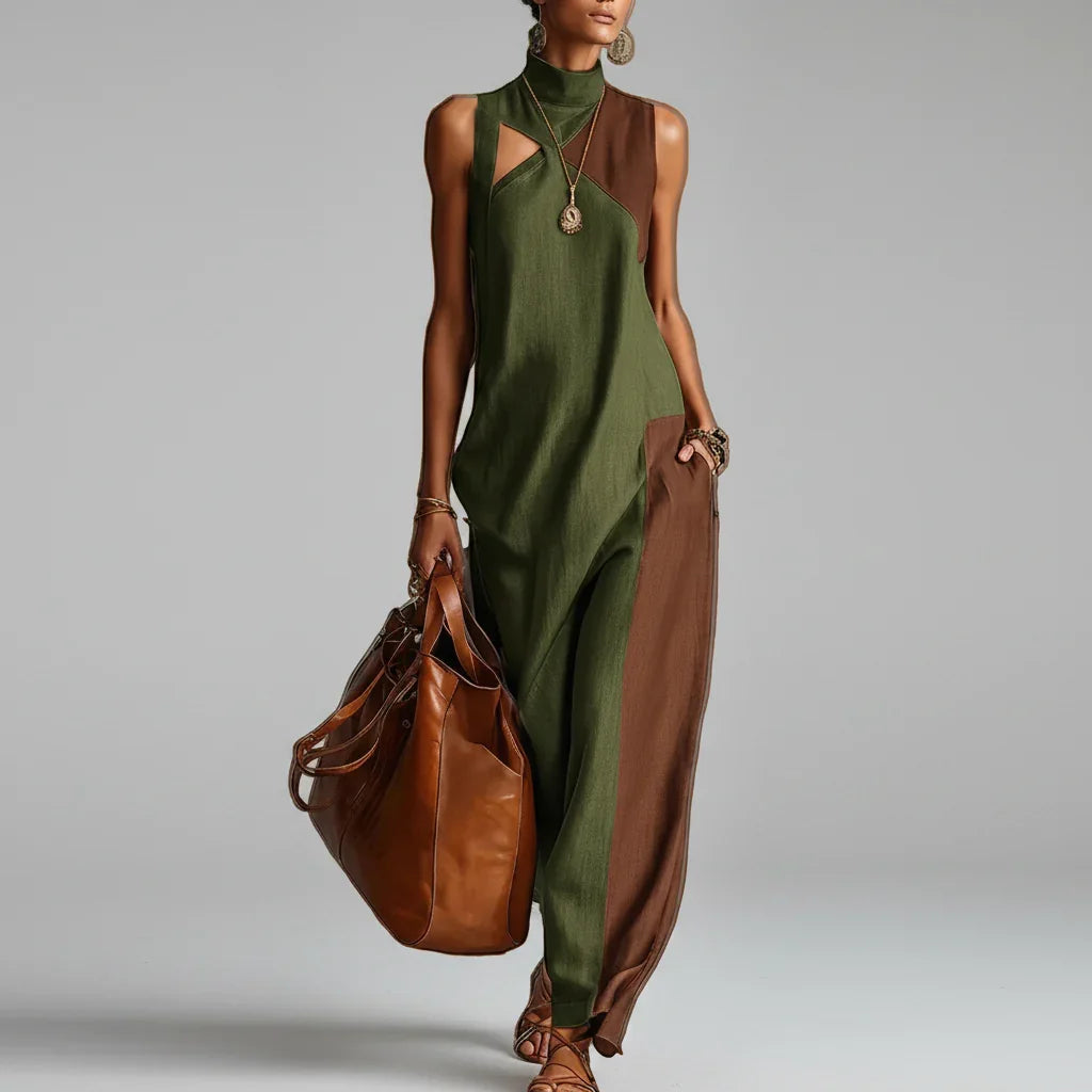 Vestido Longo Boho Color Block Gola Alta Decote Chic Lenogue Verde / p