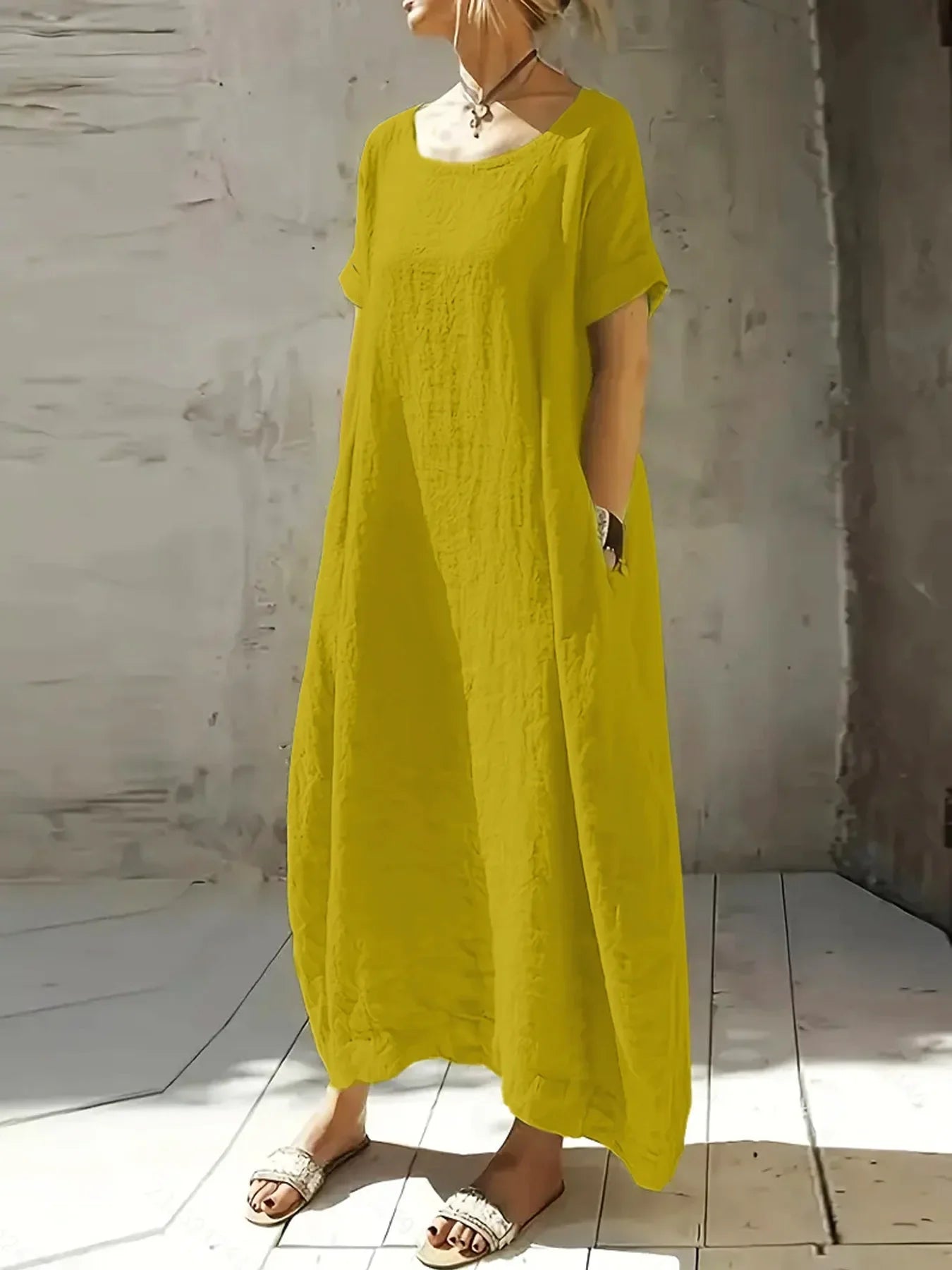 Vestido Longo Casual de Malha com Elastano Lenogue Amarelo / p
