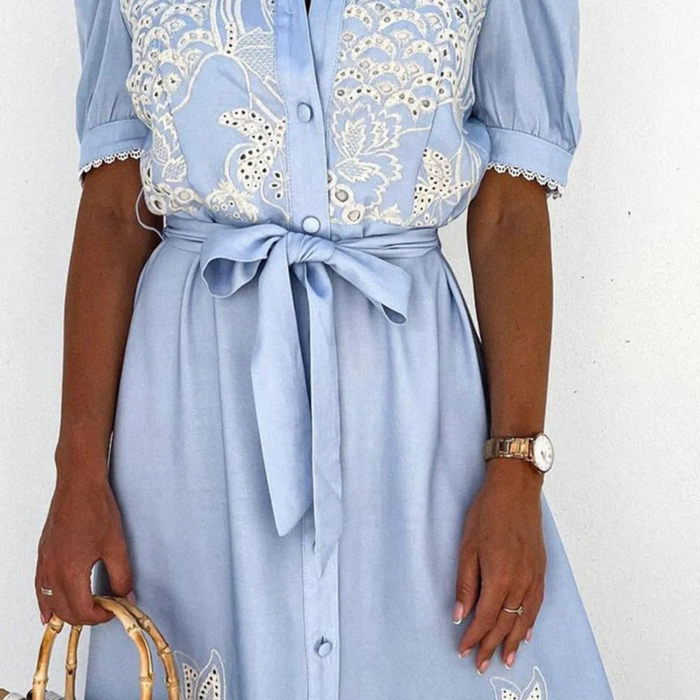 Vestido Longo com Botões e Amarração Casual Elegante Lenogue