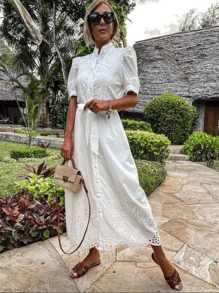 Vestido Longo com Botões e Amarração Casual Elegante Lenogue