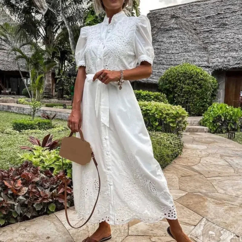 Vestido Longo com Botões e Amarração Casual Elegante Lenogue