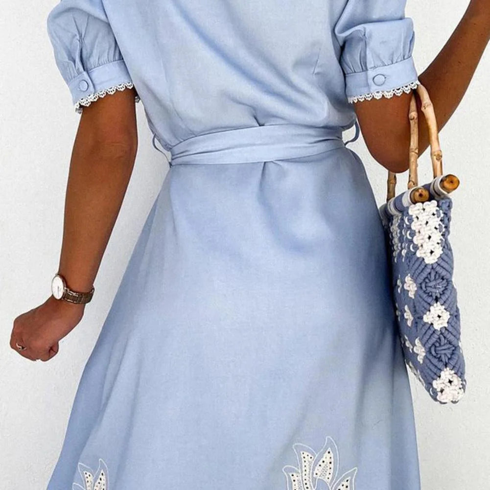 Vestido Longo com Botões e Amarração Casual Elegante Lenogue