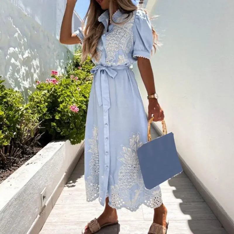 Vestido Longo com Botões e Amarração Casual Elegante Lenogue