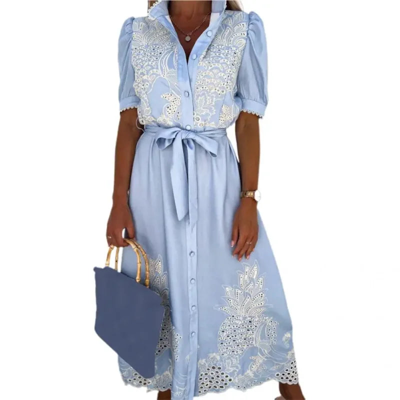 Vestido Longo com Botões e Amarração Casual Elegante Lenogue