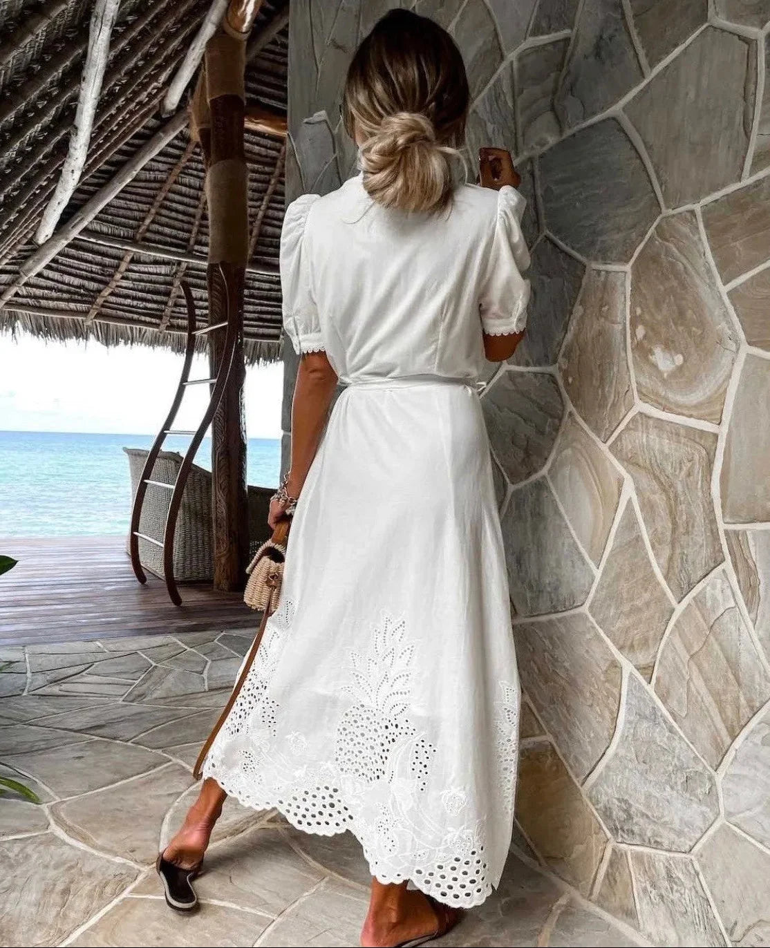 Vestido Longo com Botões e Amarração Casual Elegante Lenogue