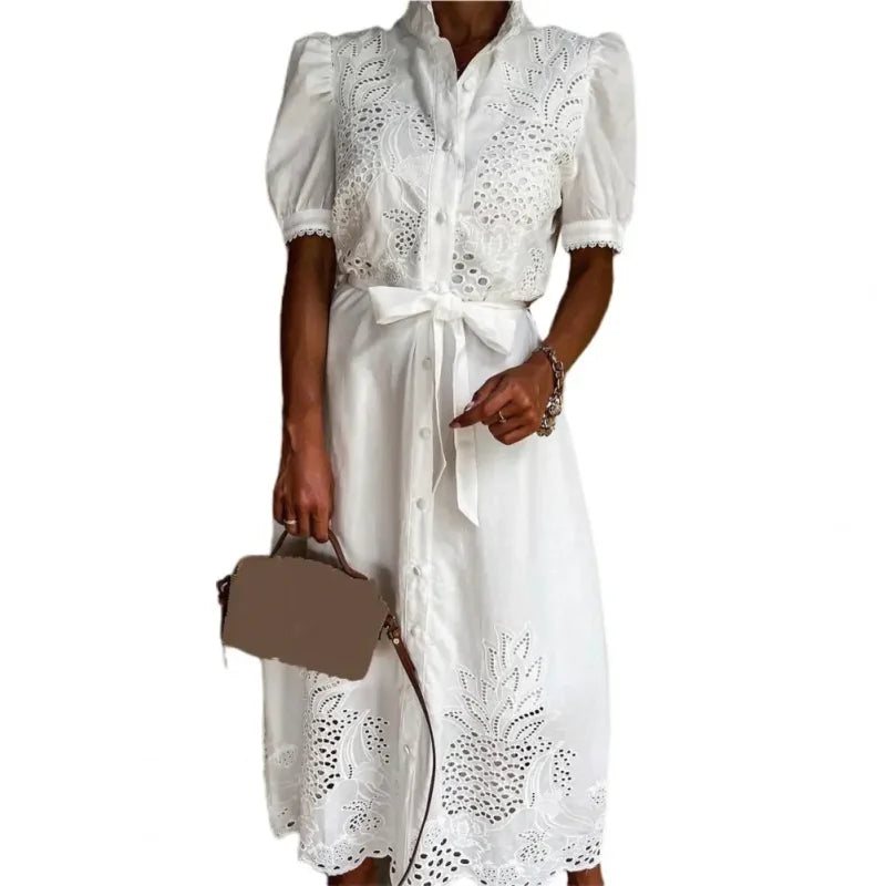 Vestido Longo com Botões e Amarração Casual Elegante Lenogue