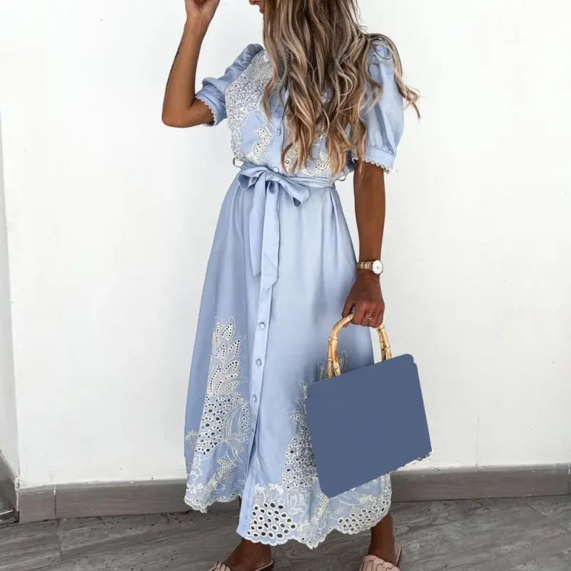 Vestido Longo com Botões e Amarração Casual Elegante Lenogue Azul / p