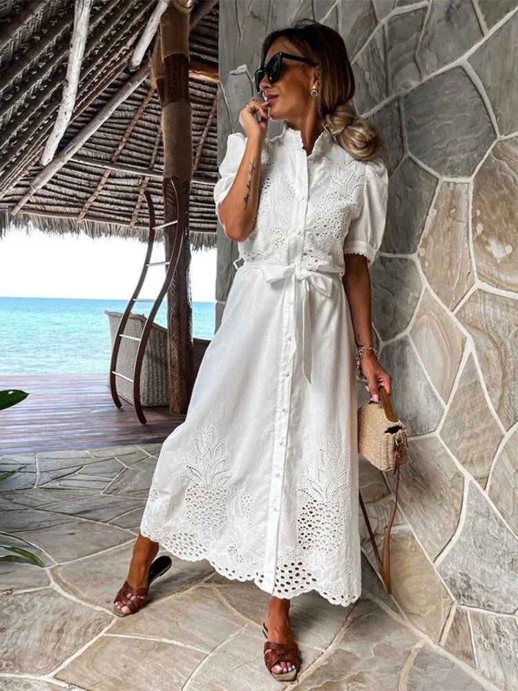 Vestido Longo com Botões e Amarração Casual Elegante Lenogue Branco / p