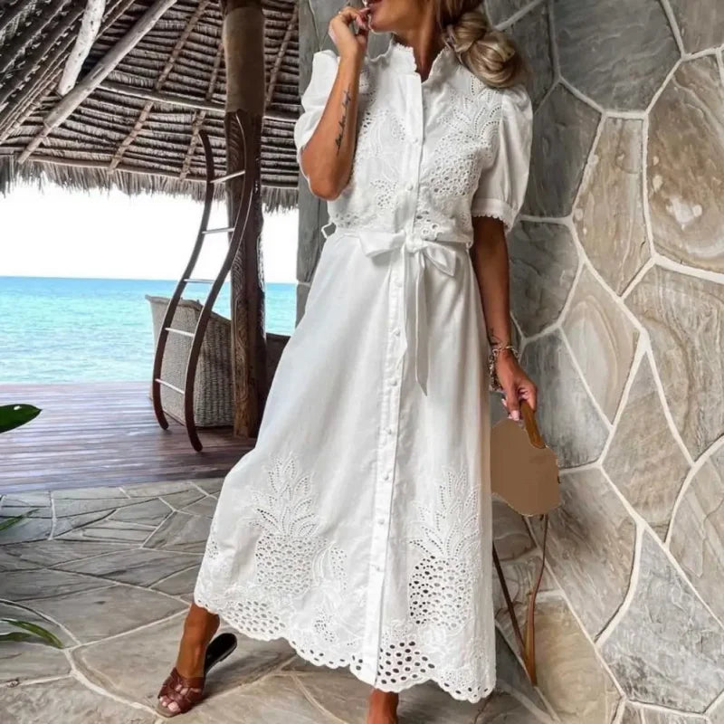 Vestido Longo com Botões e Amarração Casual Elegante Lenogue Branco / p