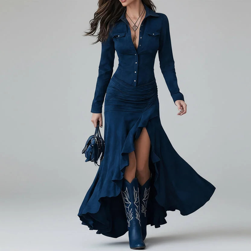 Vestido Longo com Botões Gola Lapela e Babados Lenogue Azul / Pp