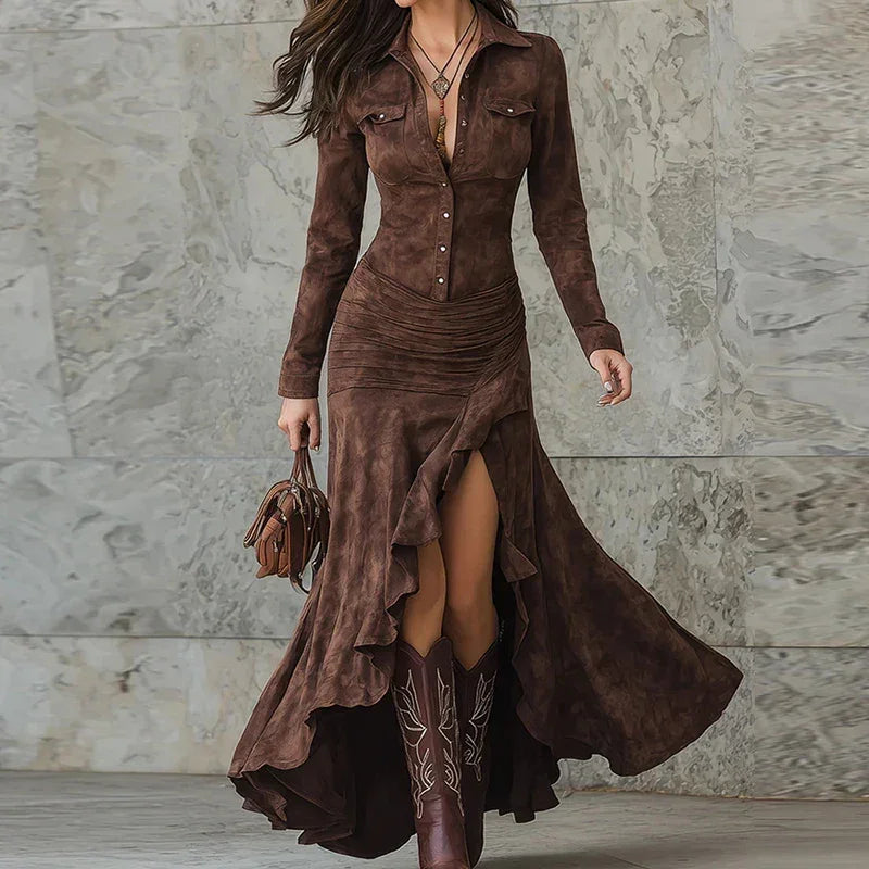 Vestido Longo com Botões Gola Lapela e Babados Lenogue Marrom / Pp