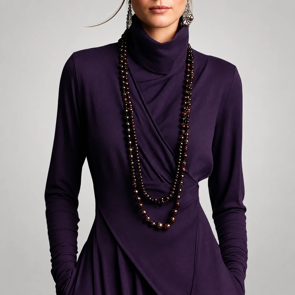 Vestido Longo com Gola Alta e Bolsos Assimétrico Vintage Lenogue