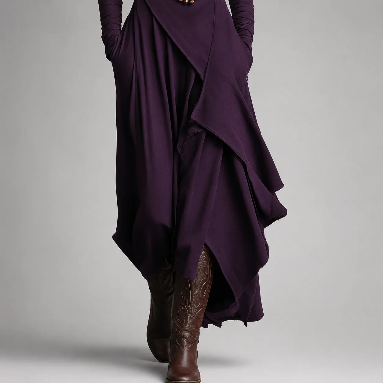 Vestido Longo com Gola Alta e Bolsos Assimétrico Vintage Lenogue