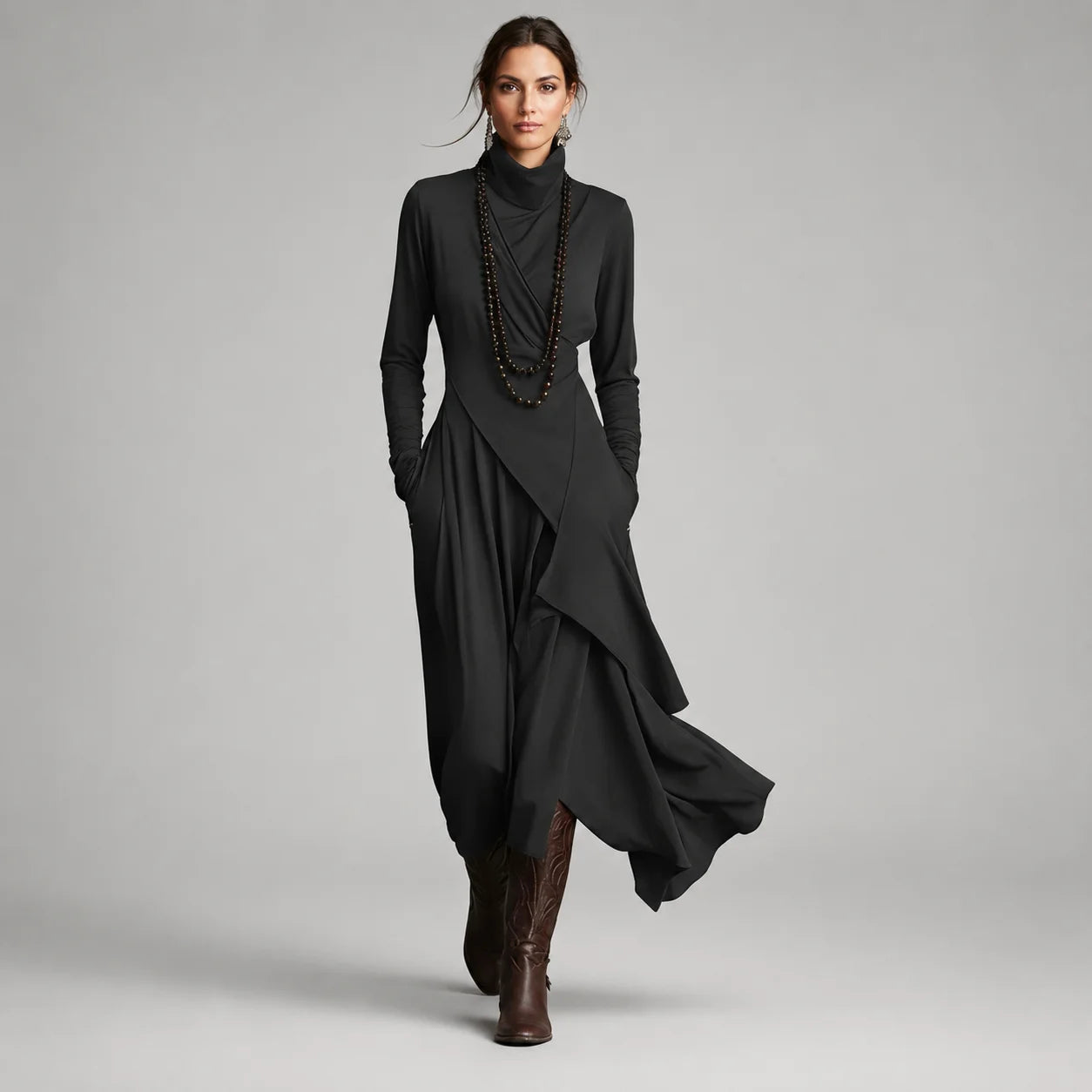 Vestido Longo com Gola Alta e Bolsos Assimétrico Vintage Lenogue Preto / p