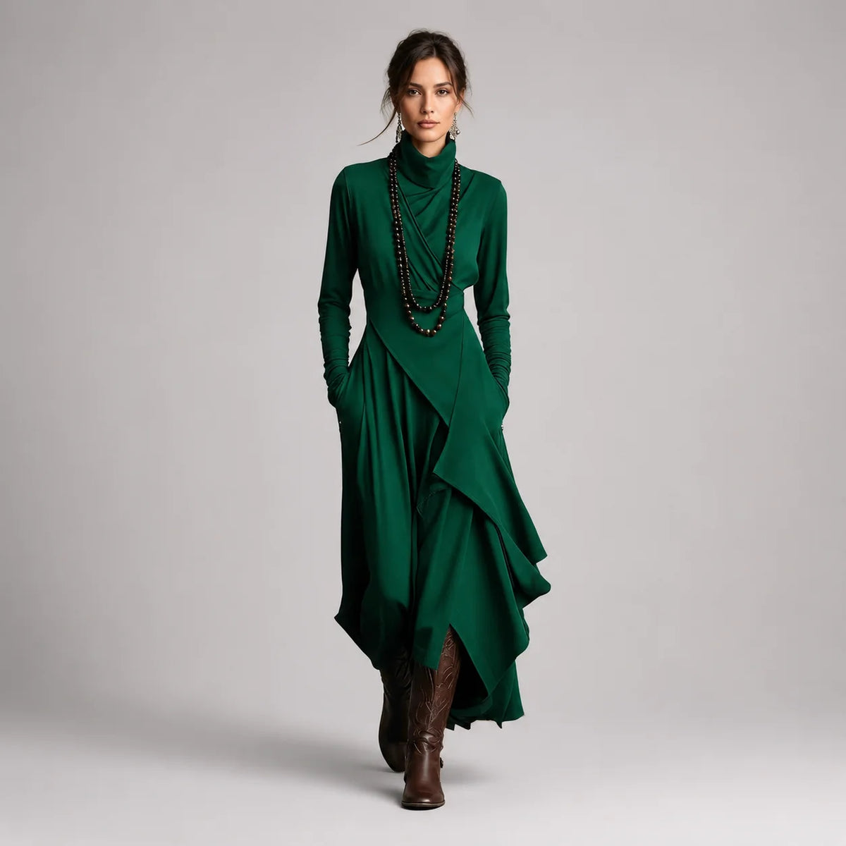 Vestido Longo com Gola Alta e Bolsos Assimétrico Vintage Lenogue Verde / p