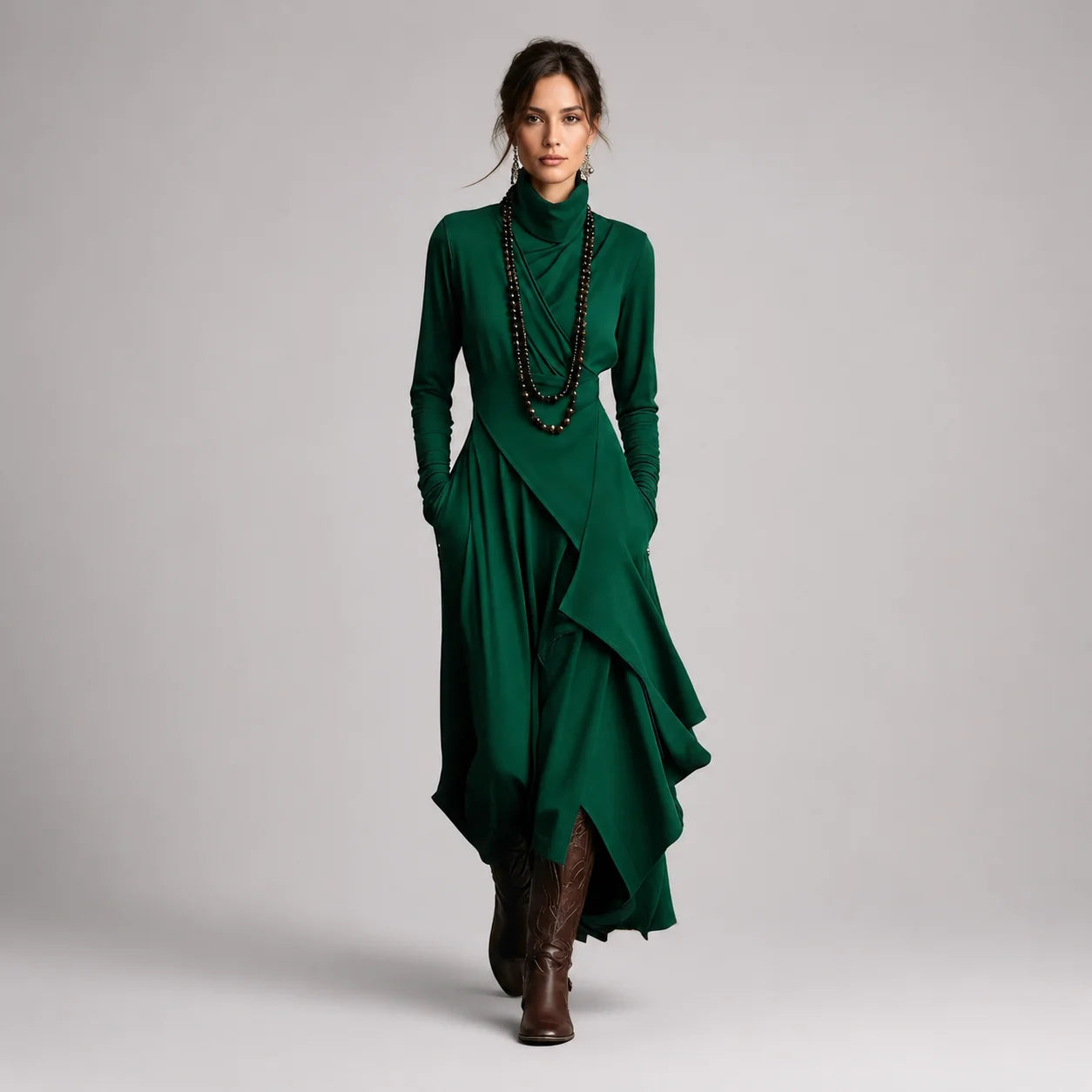 Vestido Longo com Gola Alta e Bolsos Assimétrico Vintage Lenogue Verde / p