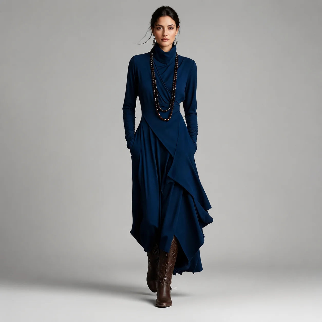 Vestido Longo com Gola Alta e Bolsos Assimétrico Vintage Lenogue Azul / p