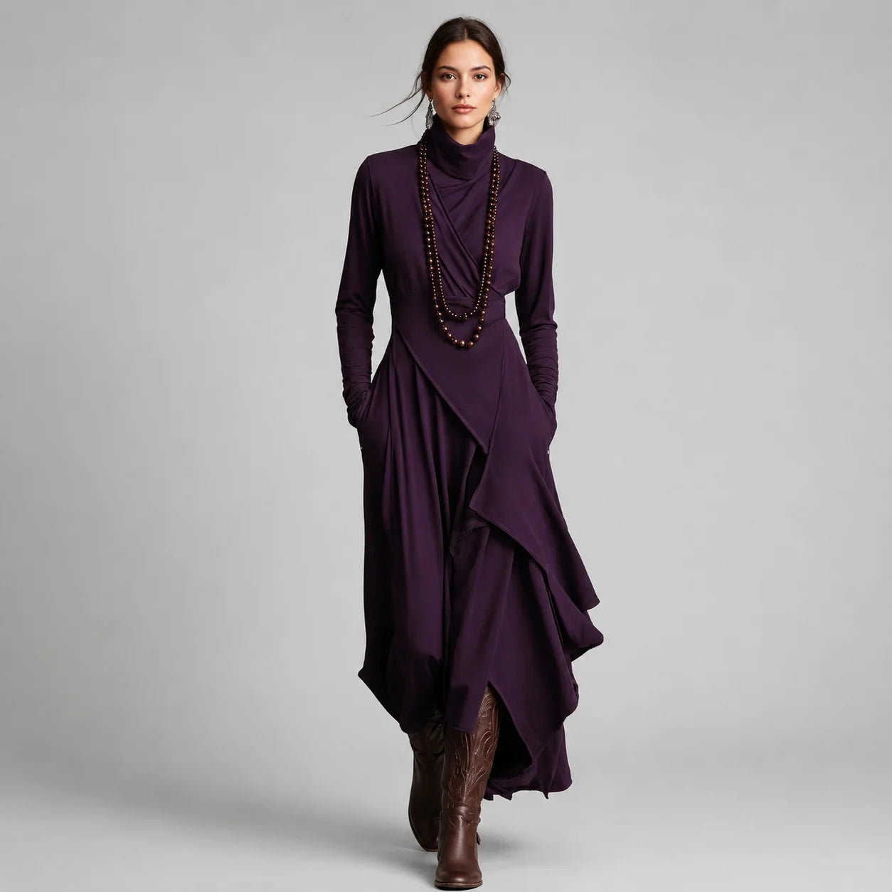 Vestido Longo com Gola Alta e Bolsos Assimétrico Vintage Lenogue Roxo / p