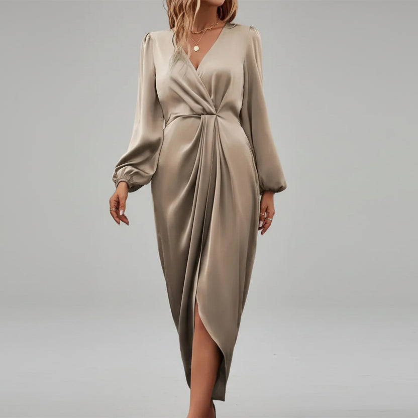 Vestido Longo de Cetim Drapeado Decote v Manga Longa Lenogue Bege / p