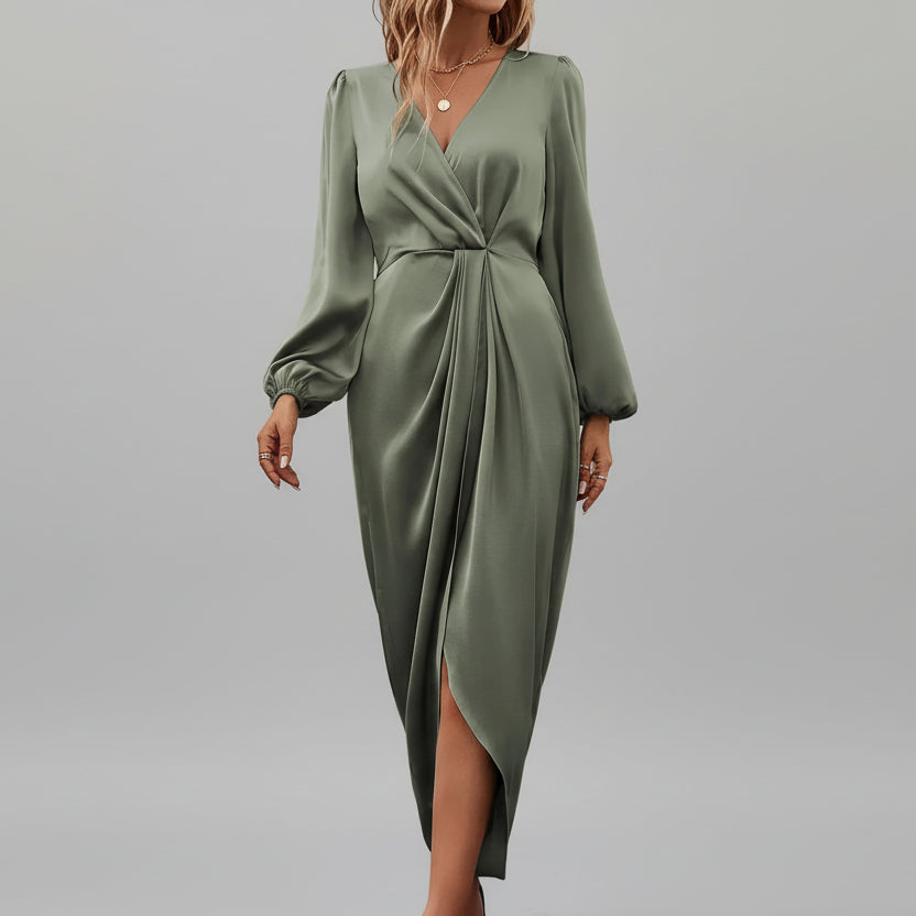 Vestido Longo de Cetim Drapeado Decote v Manga Longa Lenogue Verde / p