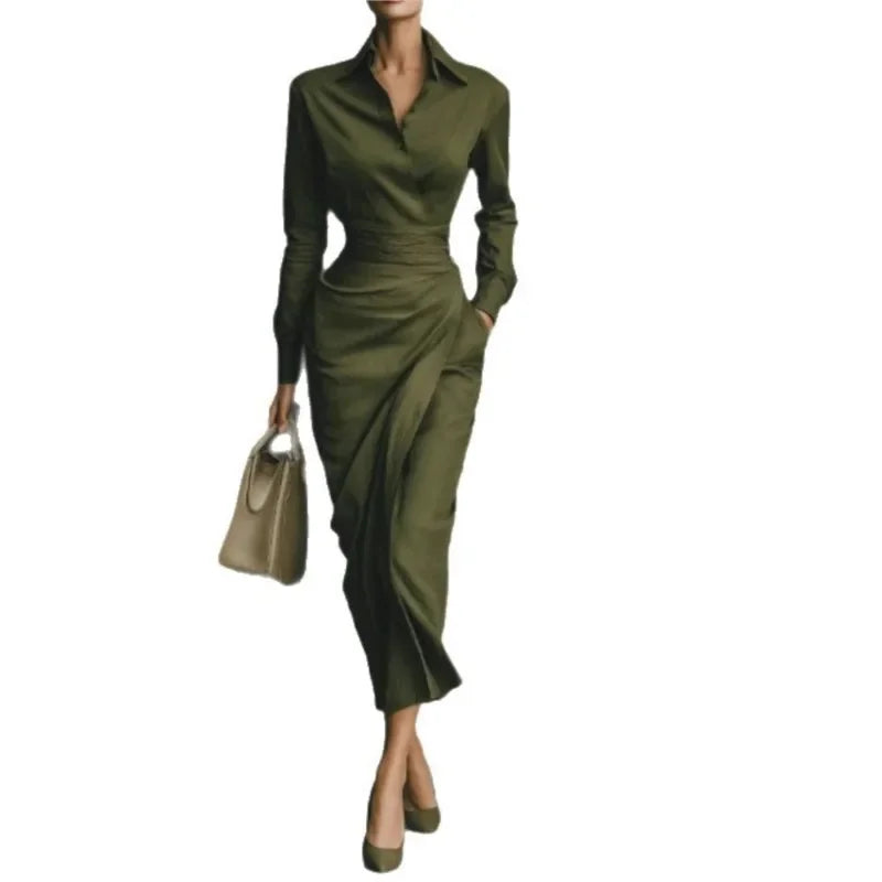 Vestido Longo de Gola Camisa com Pregas e Manga Longa Lenogue