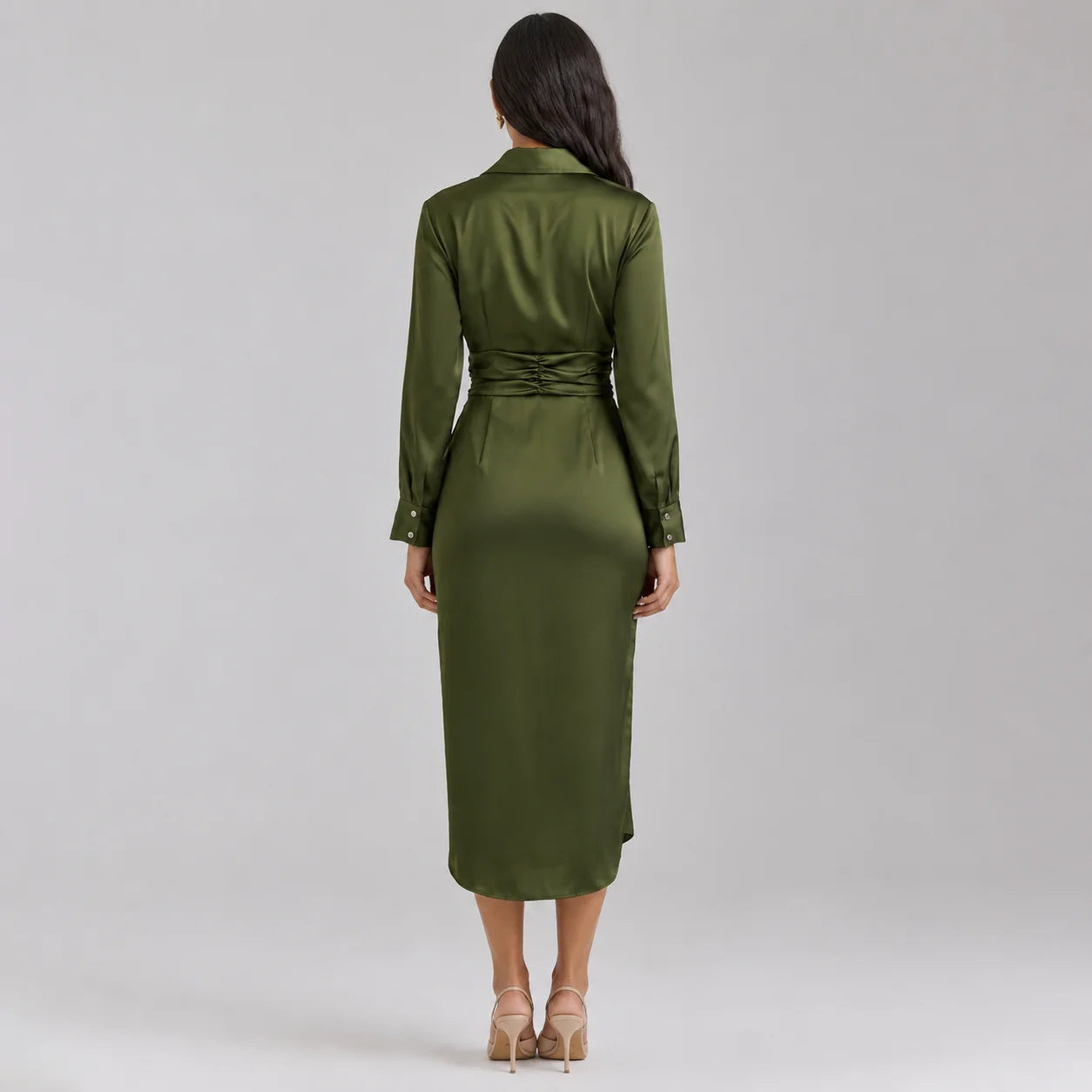 Vestido Longo de Gola Camisa com Pregas e Manga Longa Lenogue