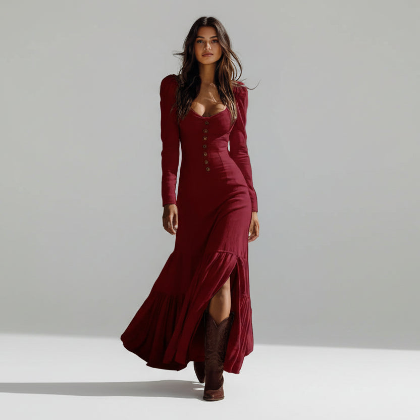 Vestido Longo de Malha Decote Coração Plissado Manga Longa Lenogue Vermelho / p