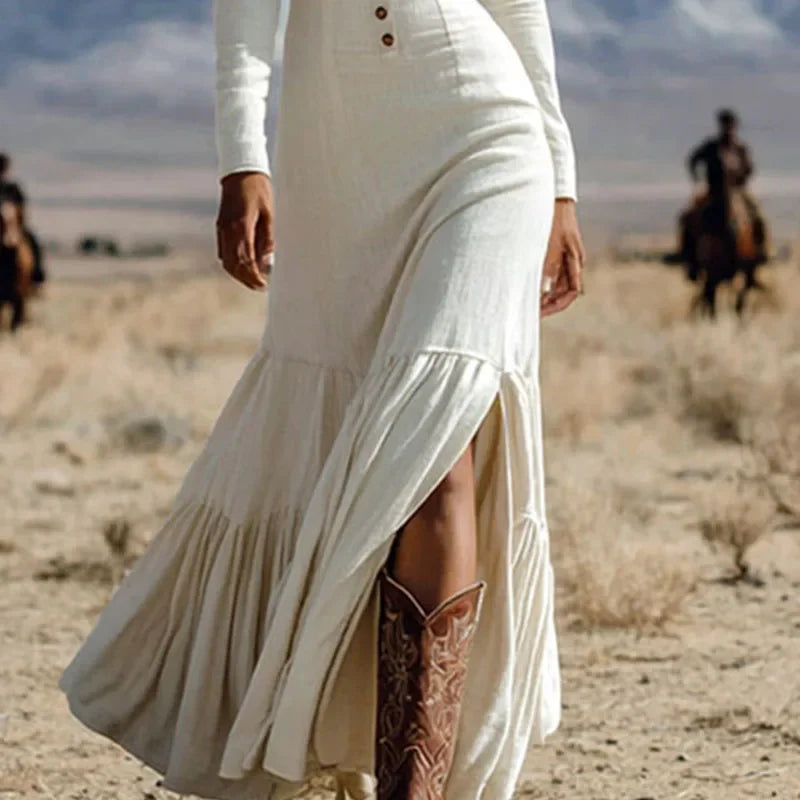 Vestido Longo de Malha Decote Coração Plissado Manga Longa Lenogue