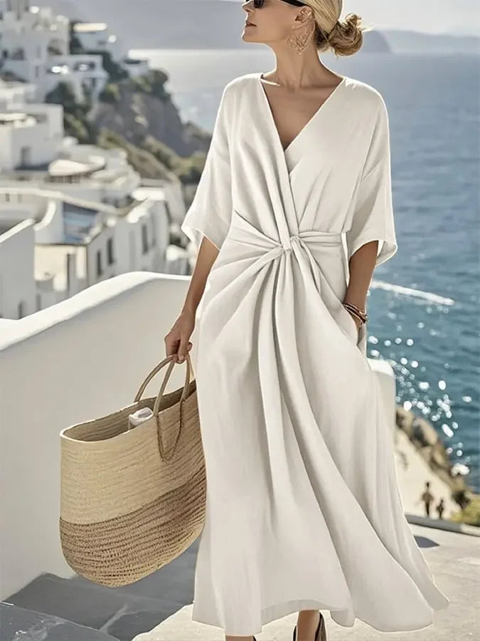 Vestido Longo de Malha Plissado com Nó Frontal Lenogue Branco / p