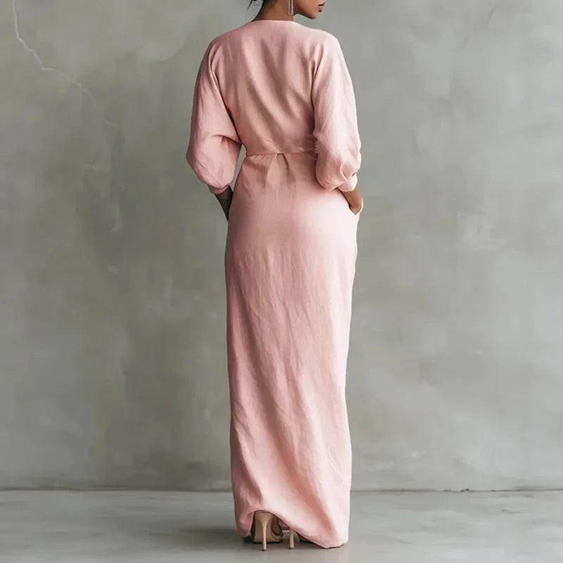 Vestido Longo Decote v Wrap Manga Longa Fenda Slim élégant Lenogue