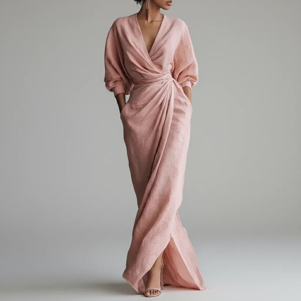 Vestido Longo Decote v Wrap Manga Longa Fenda Slim élégant Lenogue Rosa / p