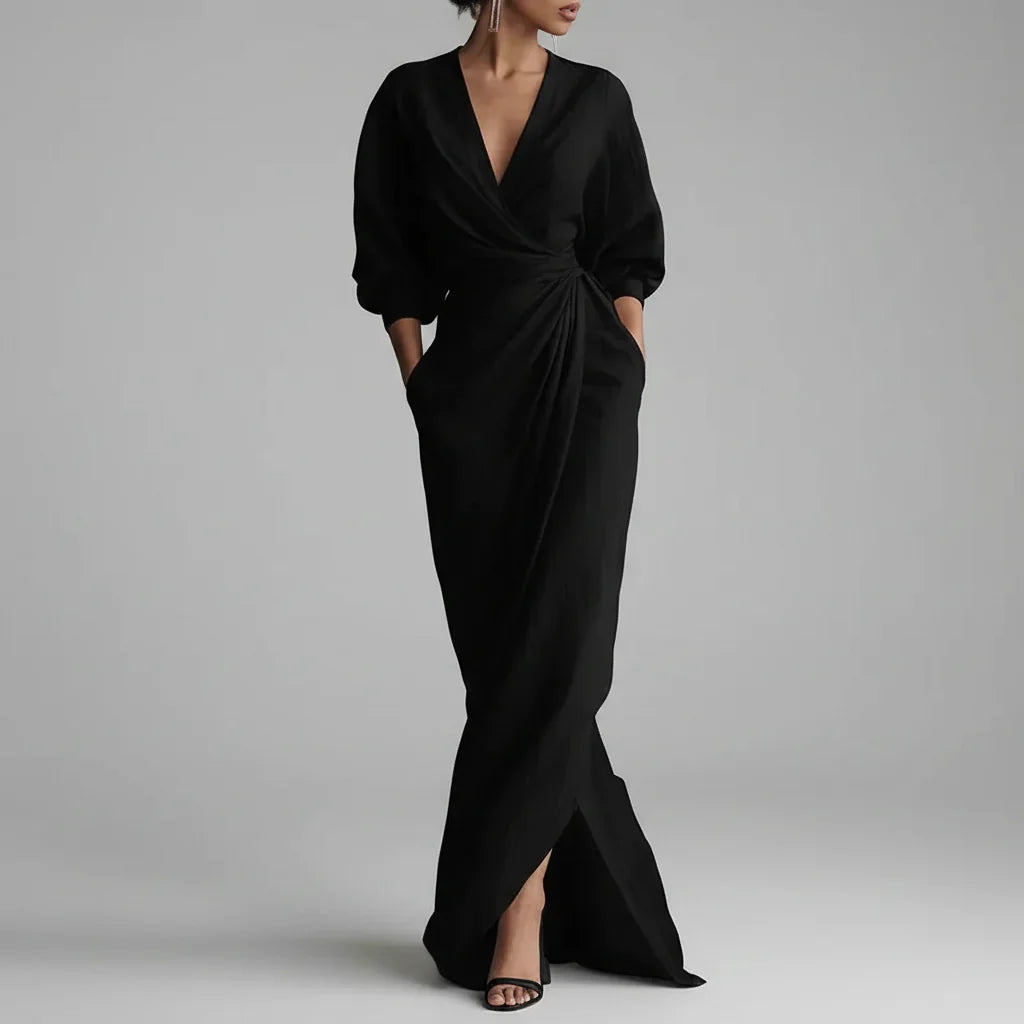 Vestido Longo Decote v Wrap Manga Longa Fenda Slim élégant Lenogue Preto / p