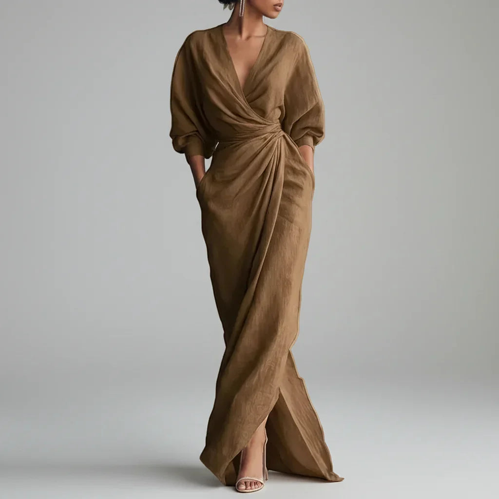Vestido Longo Decote v Wrap Manga Longa Fenda Slim élégant Lenogue Marrom / p